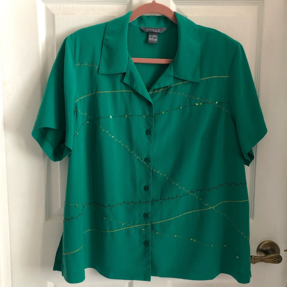 Koret blouse short sleeve button front bright green sequin embroidered Vintage